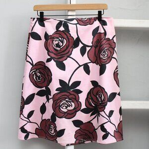Lily A-line Pink Red Roses Print Midi Skirt Size Medium